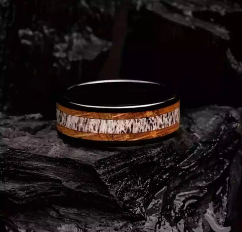 Men's 8mm Tungsten Deer Antler Whiskey Barrel Wood Inlay Engagement Wedding Band